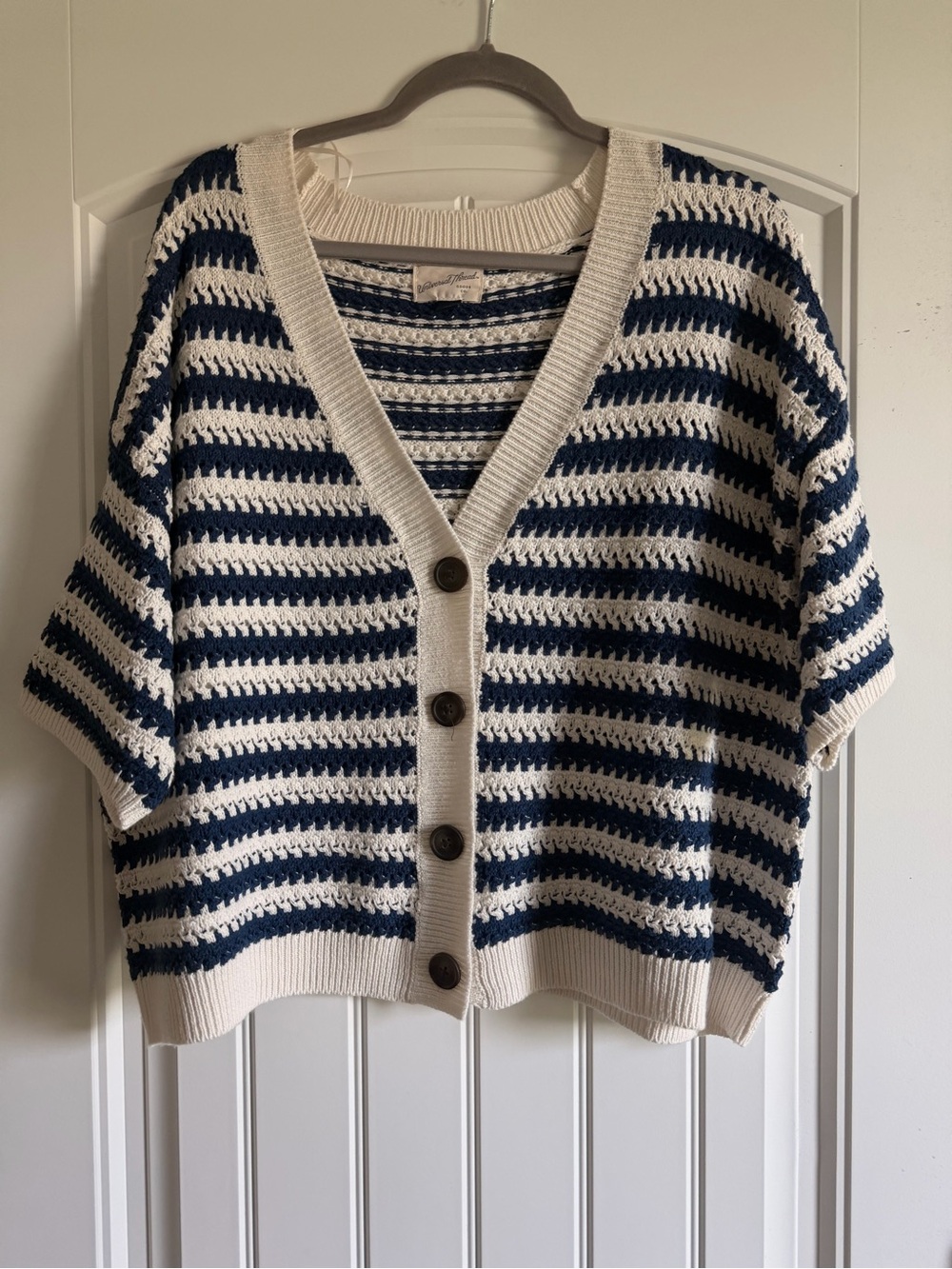 Universal Thread Navy and Cream Striped Short-Sleeve Button Cardigan